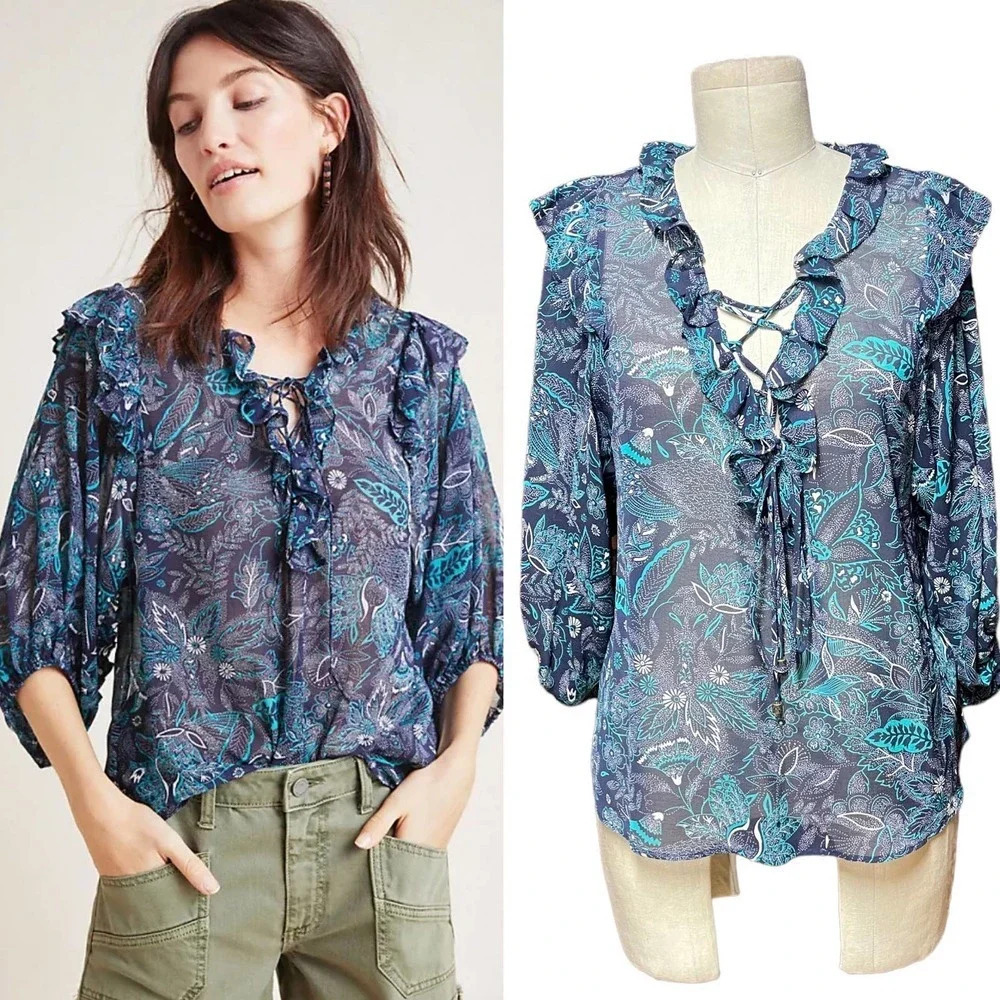 Anthropologie Haida Peasant Top Sheer Ruffle Paisley Print Blue Teal‎ Size XS